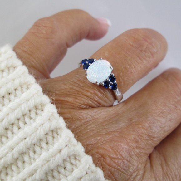 Stunning Opal & Blue Sapphire Ring>925 Sterling Ring,925 Opal ring,Sapphire - Picture 1 of 5